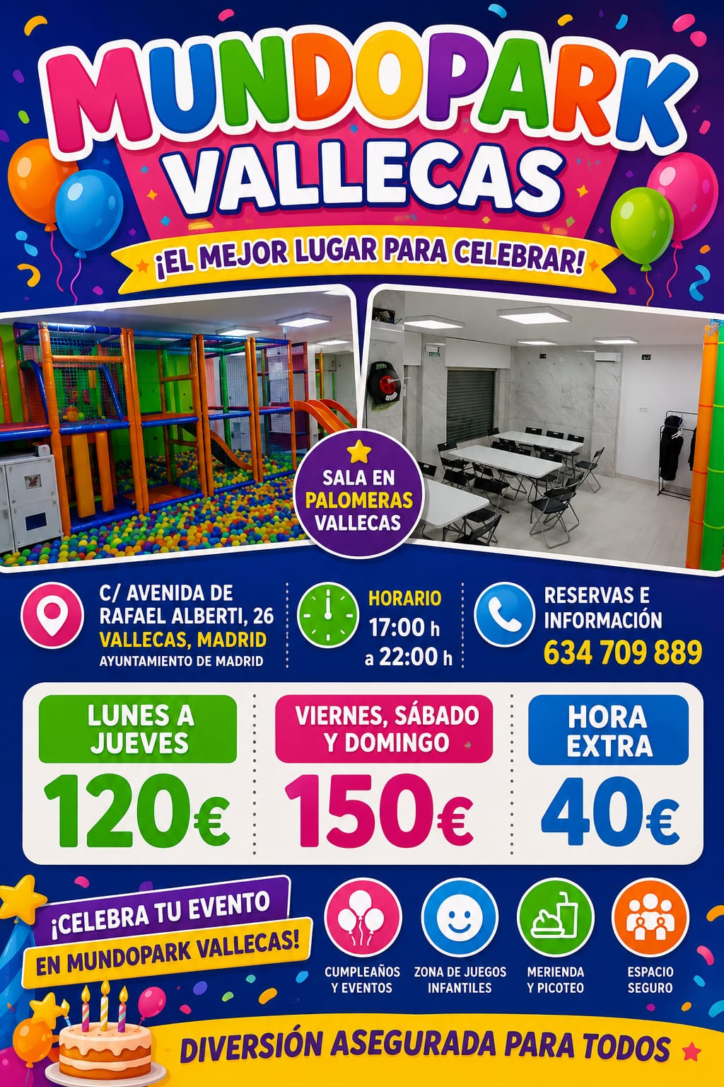 Cartel de Mundo Park Vallecas con horarios y precios de alquiler del local